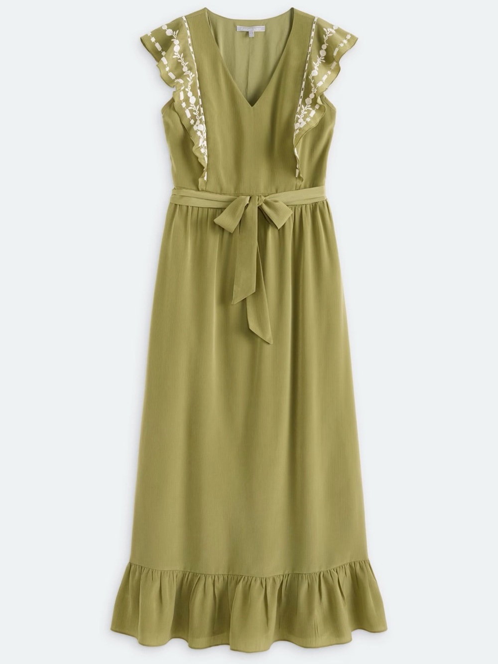 Daniel Rainn Olive Green Ruffled V-Neck Maxi Dress